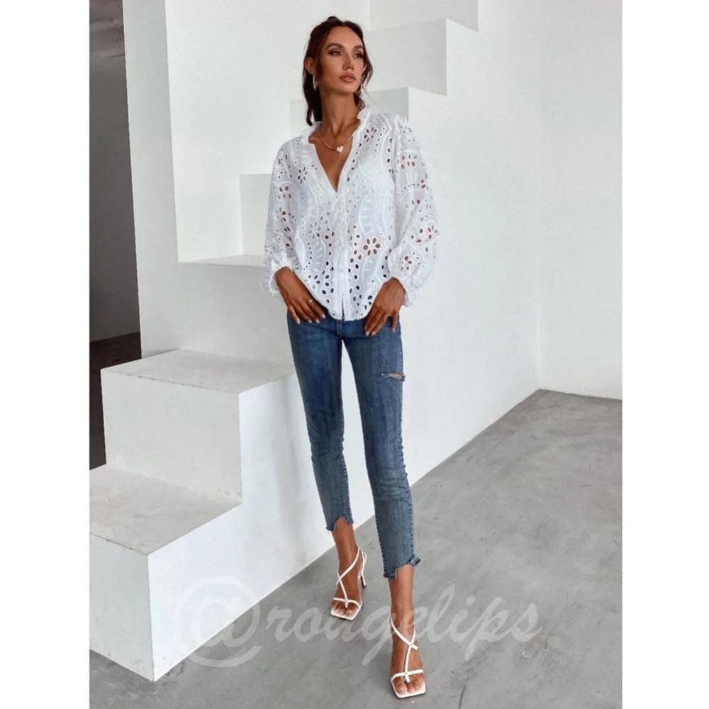 White Boho Eyelet Button Down Shirt - Picture 6 of 8